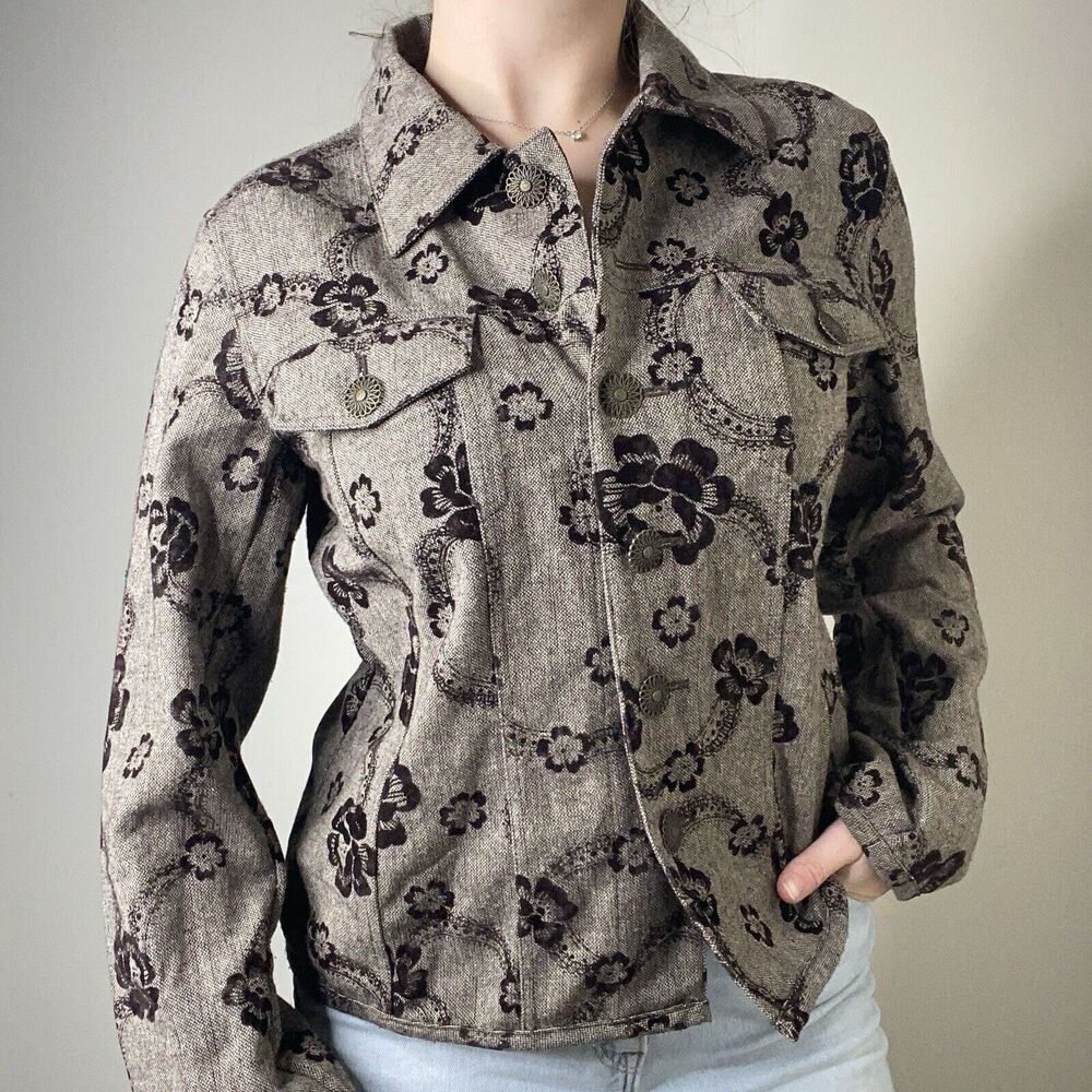 Acorn Brown Floral Velvet Y2k Style Lightweight Jacket Top Medium Wool Blend